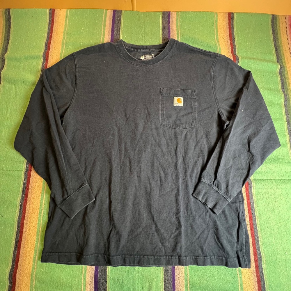 Carhartt Pocket T-Shirt Mens Large Navy Blue Long Sleeve Wave Graphic Loose Fit